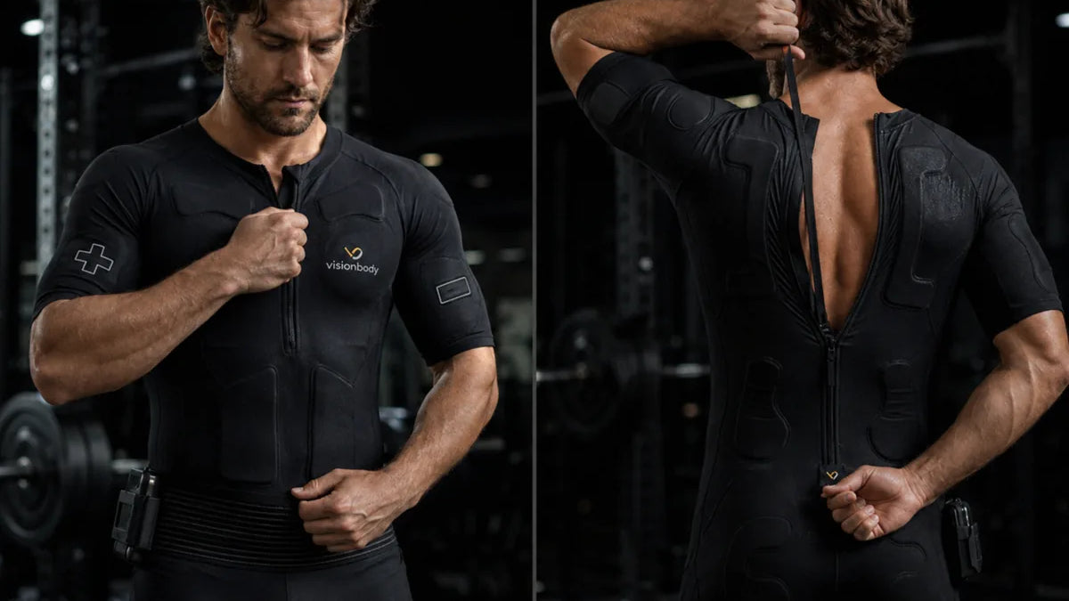 Front and back views of a man wearing the Visionbody EMS suit, showing the chest and back electrode layout