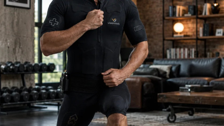 A man in a Visionbody EMS suit performing a reverse lunge at home