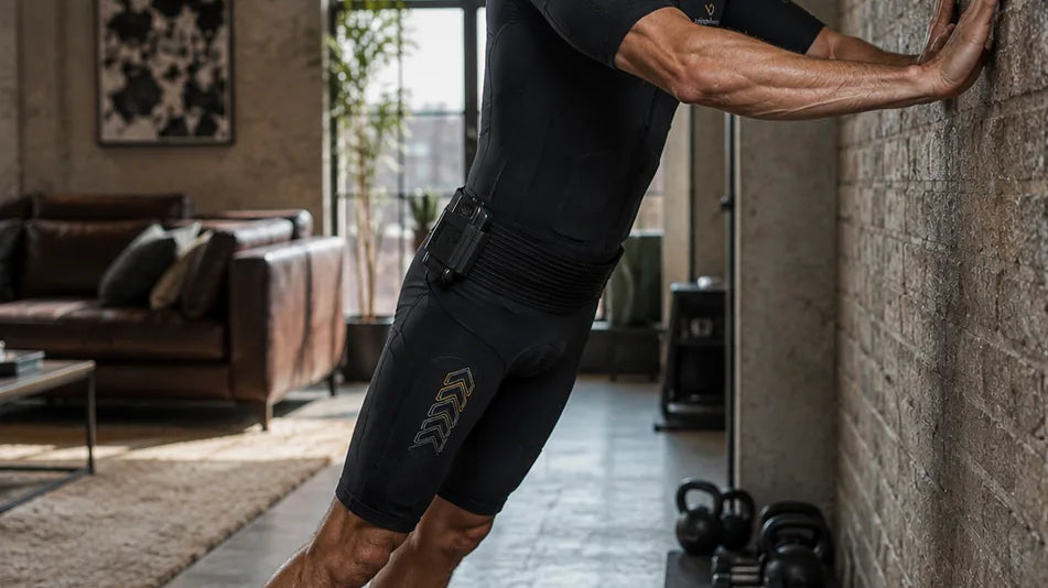 A man in a Visionbody EMS suit performing a standing calf stretch against a wall at home