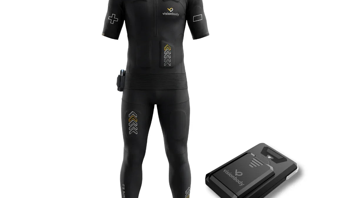 Visionbody Ultimate 5.0 EMS suit and PowerBox controller on a white background