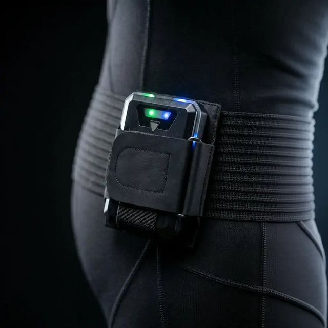 The Visionbody PowerBox controller in its waist belt holster with status LEDs lit