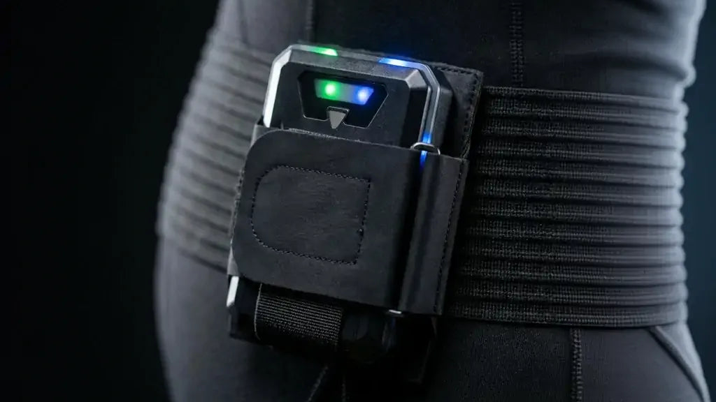 The Visionbody PowerBox controller in its waist belt holster with status LEDs lit