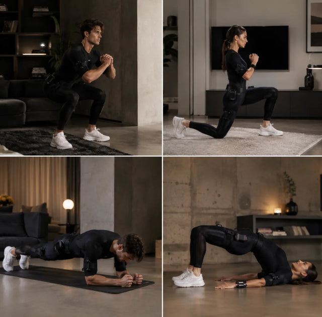 Four EMS exercises in Visionbody suits: squat, reverse lunge, forearm plank and glute bridge