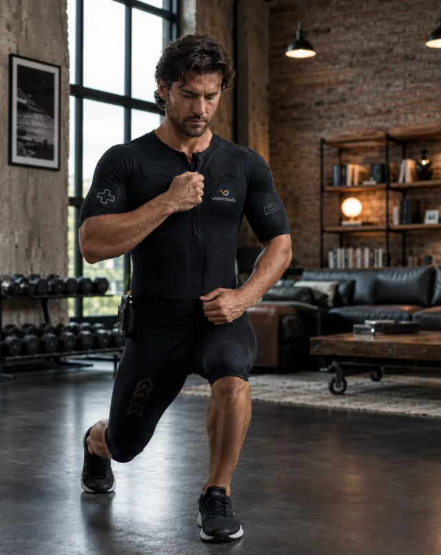 A man in a Visionbody EMS suit performing a reverse lunge at home