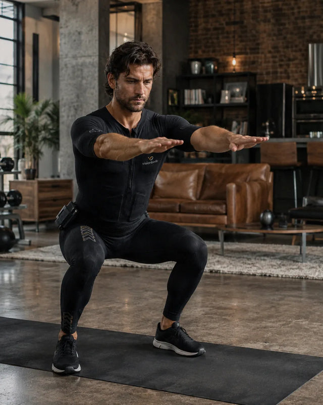 A man in a Visionbody EMS suit performing a bodyweight squat on a mat at home