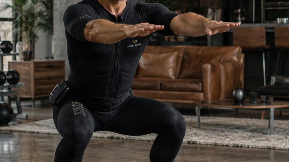 A man in a Visionbody EMS suit performing a bodyweight squat on a mat at home
