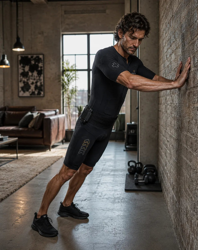 A man in a Visionbody EMS suit performing a standing calf stretch against a wall at home
