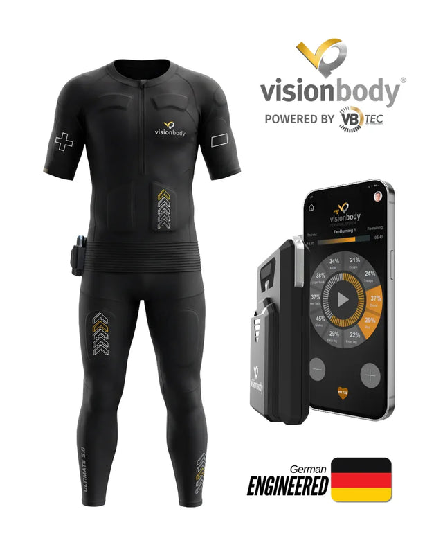 Visionbody EMS suit, PowerBox controller and the training app showing per muscle intensity levels