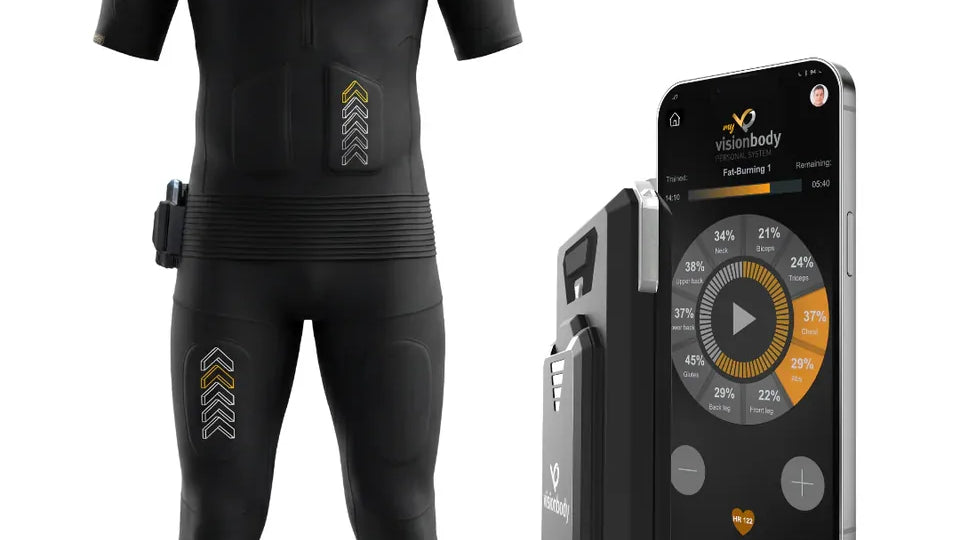 Visionbody EMS suit, PowerBox controller and the training app showing per muscle intensity levels